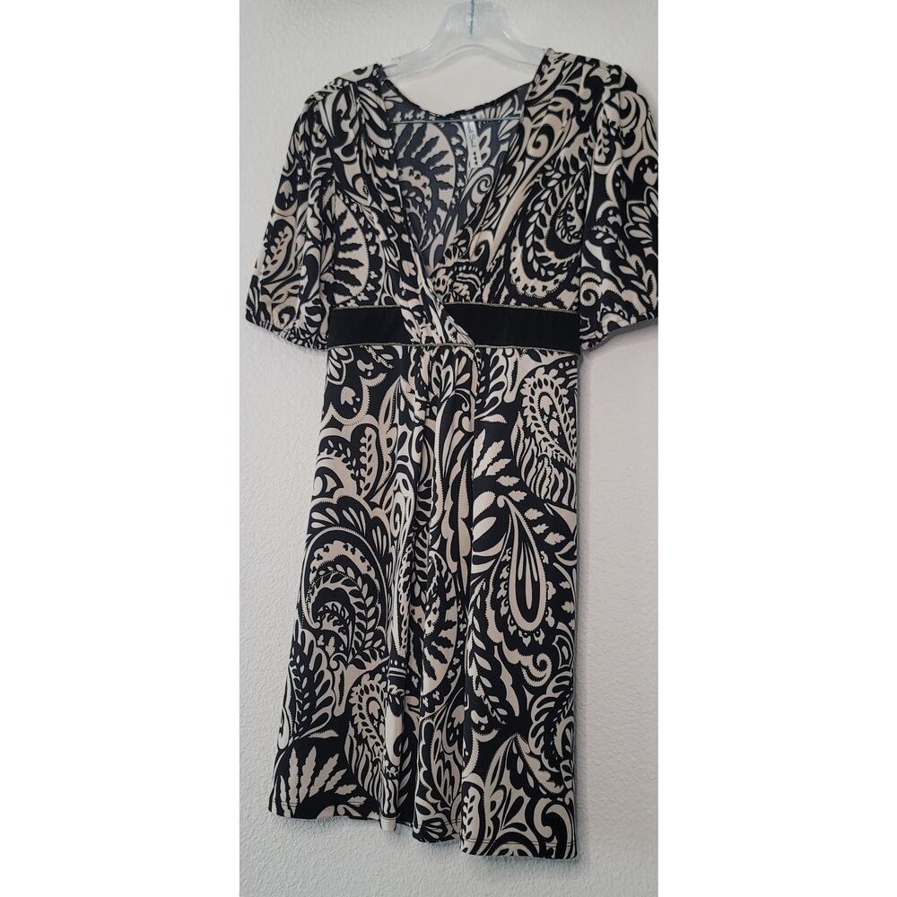 Heart Soul Babydoll Dress Black White Paisley Pattern Gold Accents Soft Stretchy